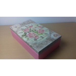 Ξύλινο κουτί για φακελάκια τσαγιού 8 θέσεων decoupage Ρολόι - Τριαντάφυλλα  XKSK-10